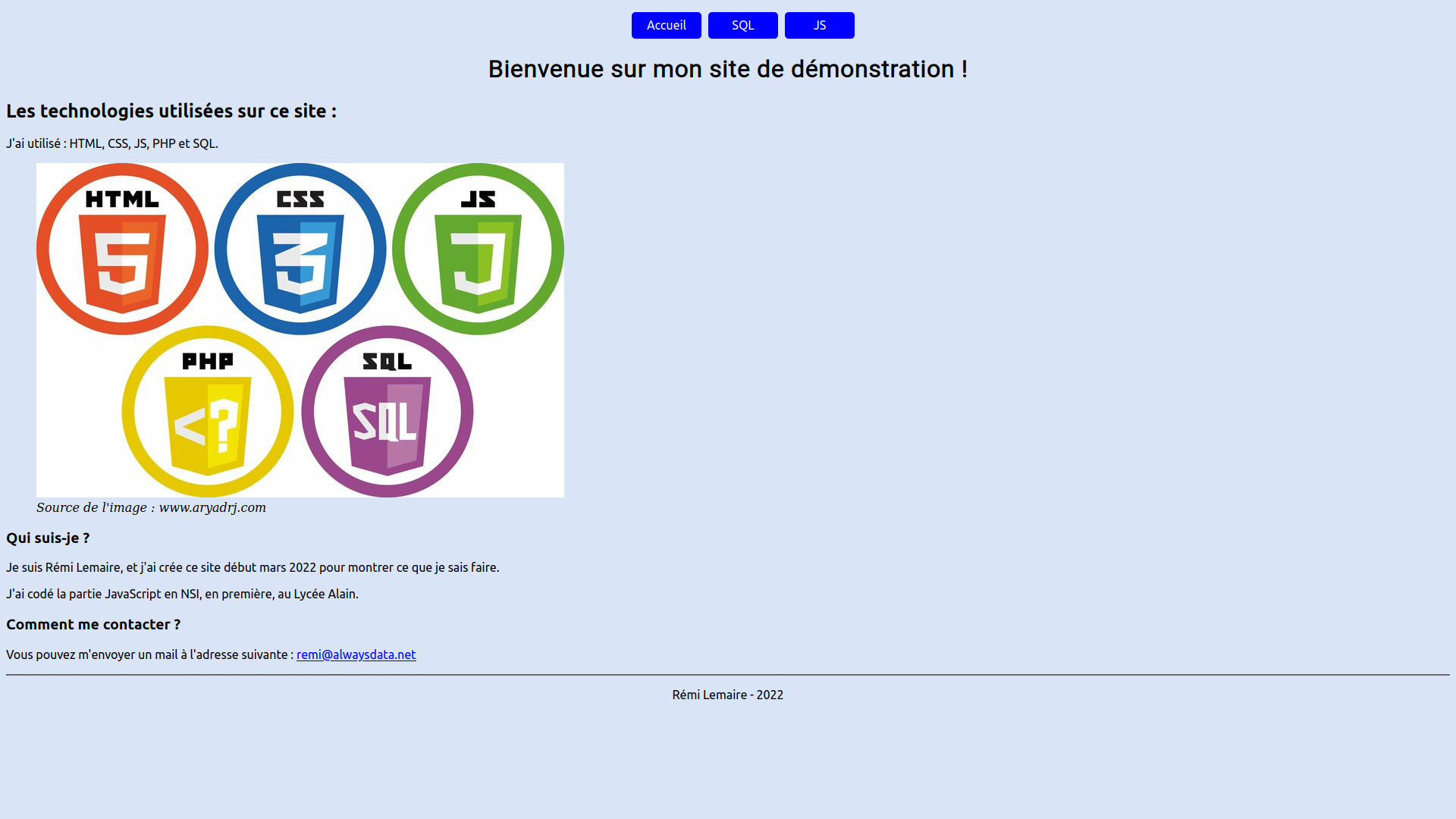 Capture d'écran du site de démonstration